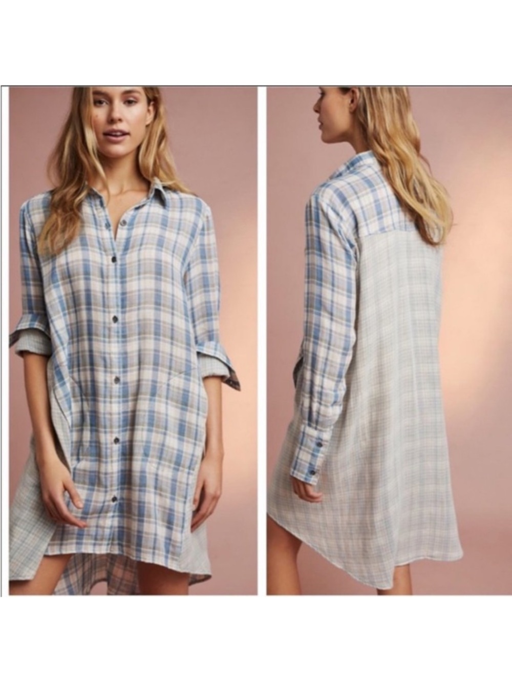 Anthropologie | blue plaid button down tunic dress, small
